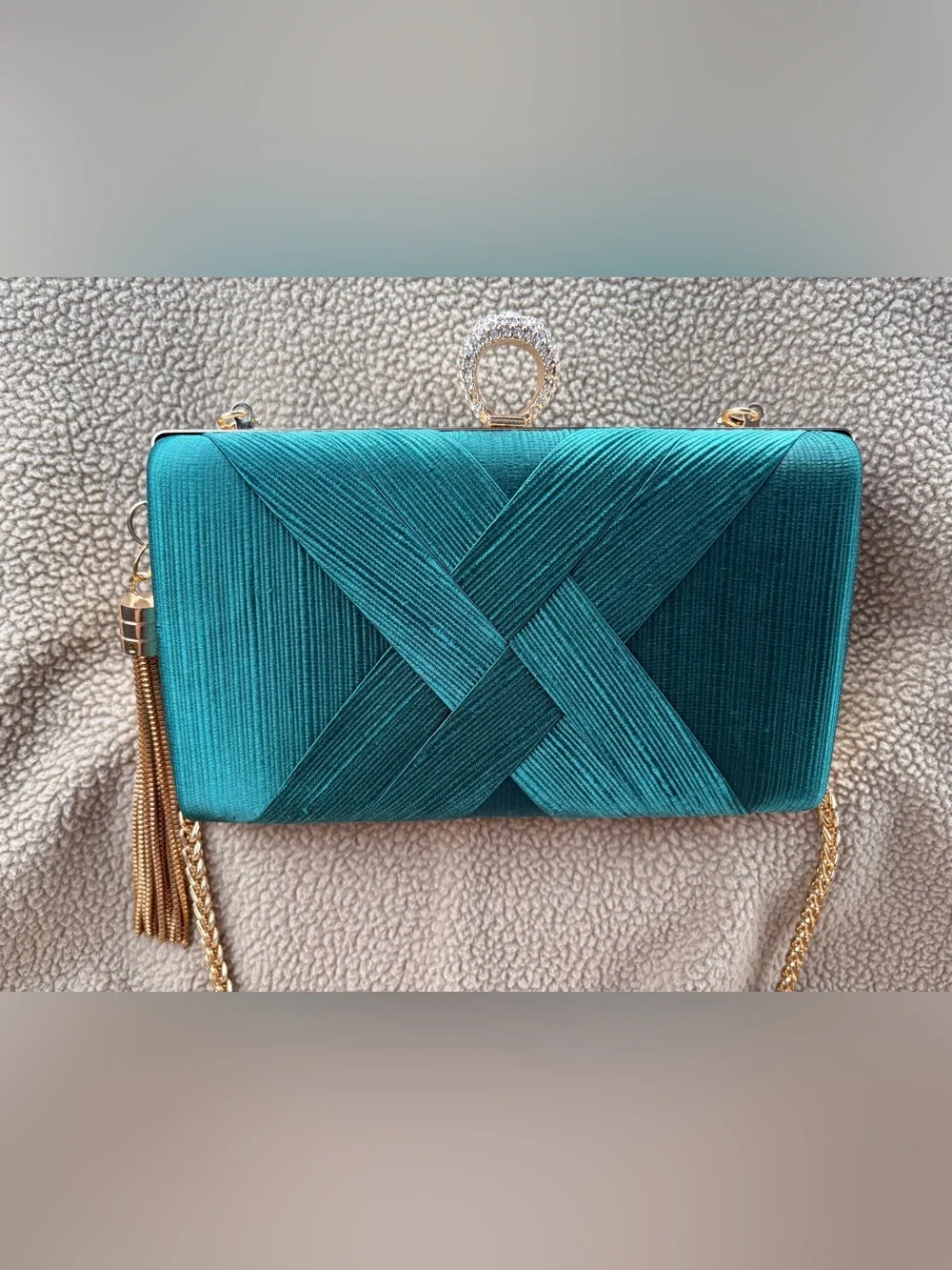 Satin Teal Evening Clutch with Gold Chain Strap